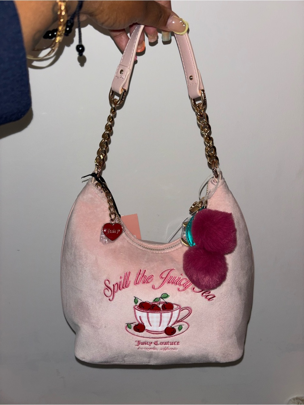 Juicy Couture Light Pink Velvet Shoulder Bag with Fuchsia Pom-Pom